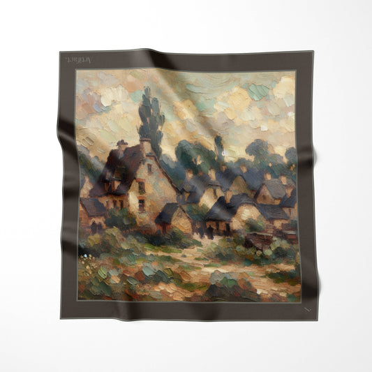 Artifact-Village-Silk-Scarf-Painted-Rustic-Countryside-Beige-Grey-Brown-90x90cm