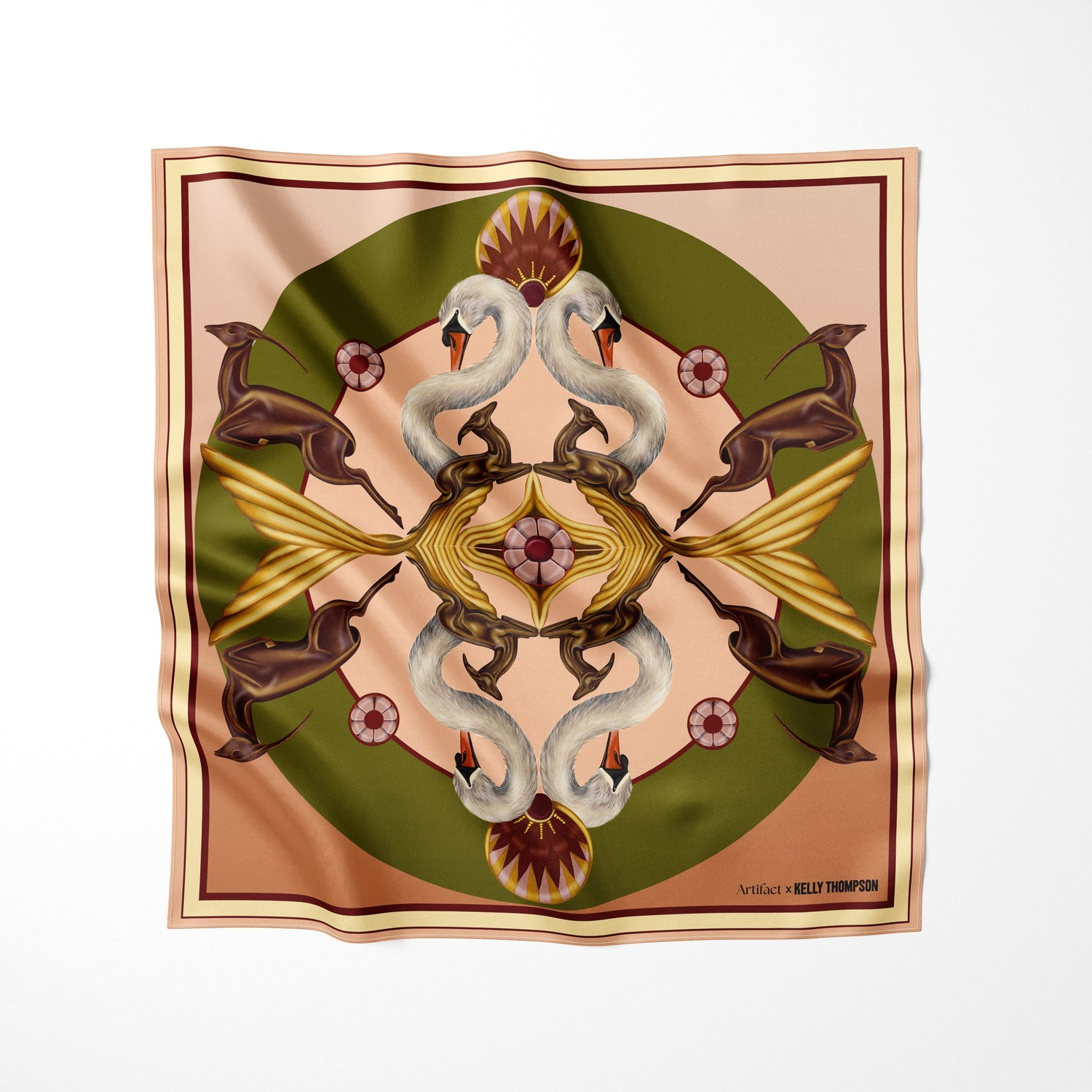 Decorative scarf with intricate design on a beige background