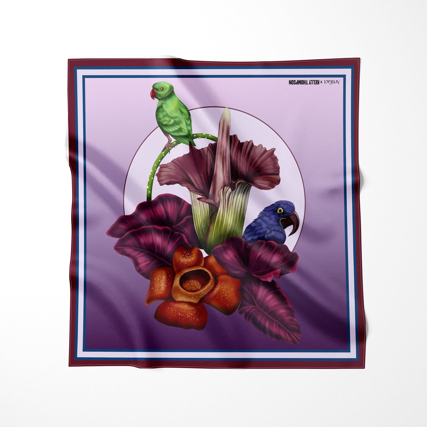 Decorative scarf with a colorful parrot and flower design on a purple background