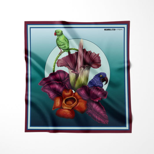 Fiber optic scarf with parrot and flower design on a white background