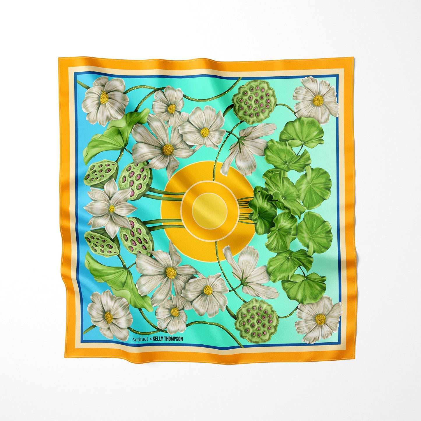Floral patterned scarf with a yellow border on a white background