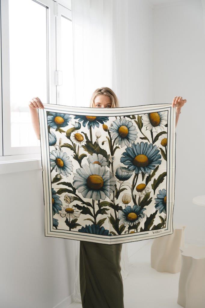 Blue Daisy:  Square Silk Scarf